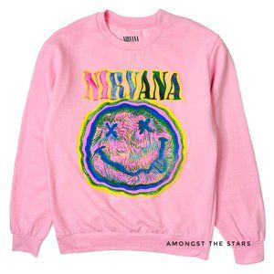 Nirvana Rainbow Paint Brush Stroke Smiley Face Pink Sweatshirt
